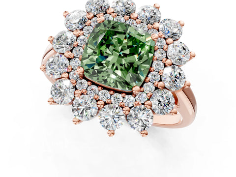 Rose gold Fancy Green Cushion Cut Halo Cluster Diamond Ring with Pave Band and Four-Prong Setting_1