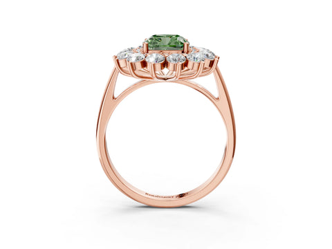 Rose gold Fancy Green Cushion Cut Halo Cluster Diamond Ring with Pave Band and Four-Prong Setting_3