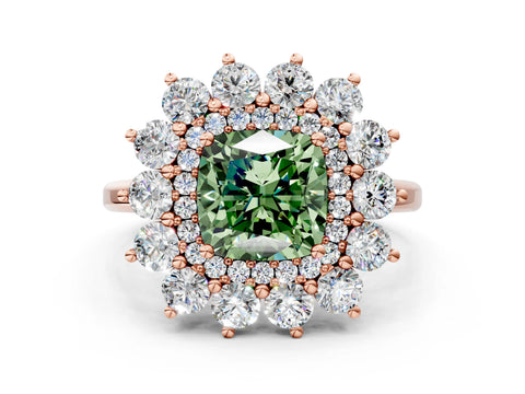 Rose gold Fancy Green Cushion Cut Halo Cluster Diamond Ring with Pave Band and Four-Prong Setting