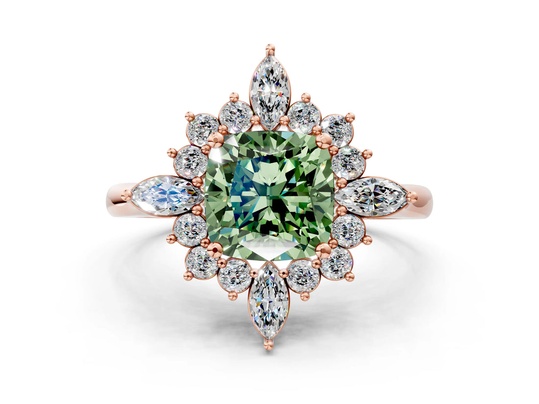 Rose gold Fancy Green Cushion Cut Halo Diamond Cluster Ring with Marquise and Round Stones on a White Gold Band with Prong Setting