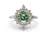 Rose gold Fancy Green Cushion Cut Halo Diamond Cluster Ring with Marquise and Round Stones on a White Gold Band with Prong Setting