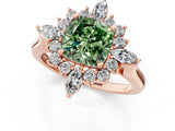Rose gold Fancy Green Cushion Cut Halo Diamond Cluster Ring with Marquise and Round Stones on a White Gold Band with Prong Setting_1