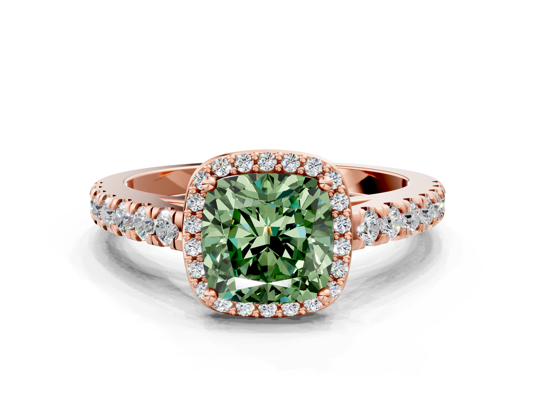 Rose gold Fancy Green Cushion  Cut Halo Diamond Engagement Ring with Pave Band and Four-Prong Setting_28