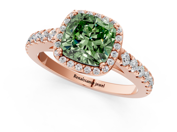 Rose gold Fancy Green Cushion  Cut Halo Diamond Engagement Ring with Pave Band and Four-Prong Setting