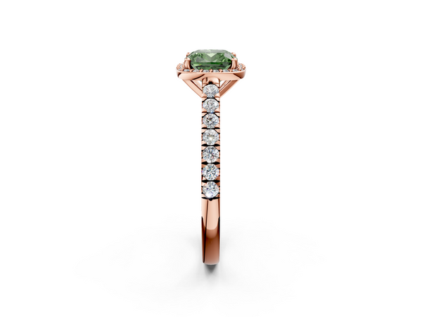 Rose gold Fancy Green Cushion  Cut Halo Diamond Engagement Ring with Pave Band and Four-Prong Setting