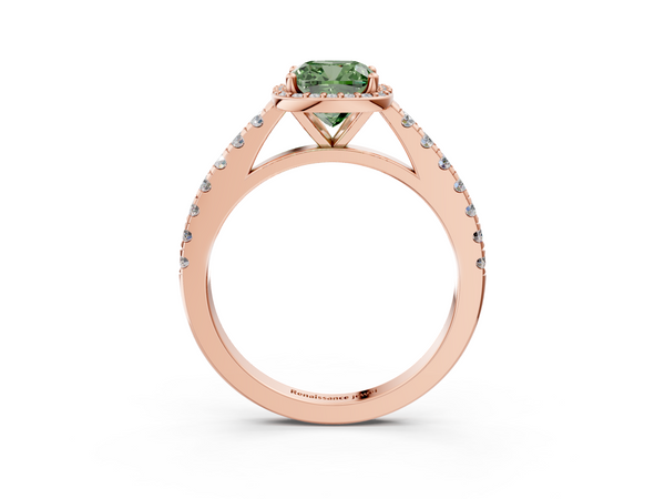 Rose gold Fancy Green Cushion  Cut Halo Diamond Engagement Ring with Pave Band and Four-Prong Setting