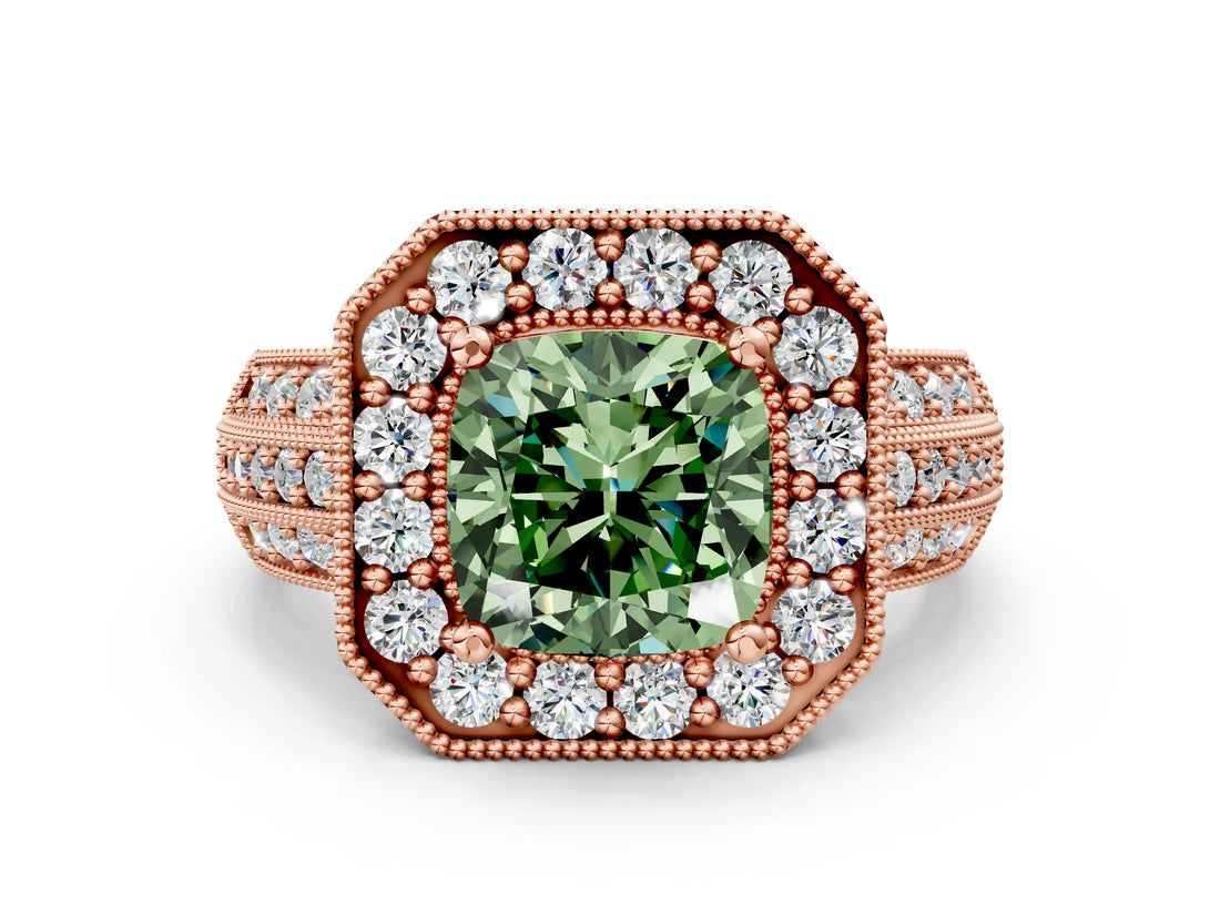 Rose gold Fancy Green Cushion Cut Halo Diamond Engagement Ring with Pave Split Shank and Four-Prong Setting