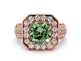 Rose gold Fancy Green Cushion Cut Halo Diamond Engagement Ring with Pave Split Shank and Four-Prong Setting