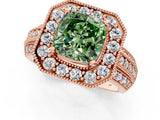 Rose gold Fancy Green Cushion Cut Halo Diamond Engagement Ring with Pave Split Shank and Four-Prong Setting_1