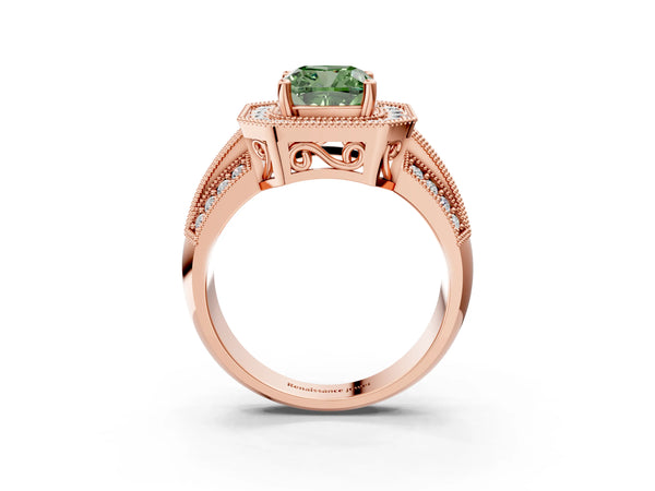 Rose gold Fancy Green Cushion Cut Halo Diamond Engagement Ring with Pave Split Shank and Four-Prong Setting