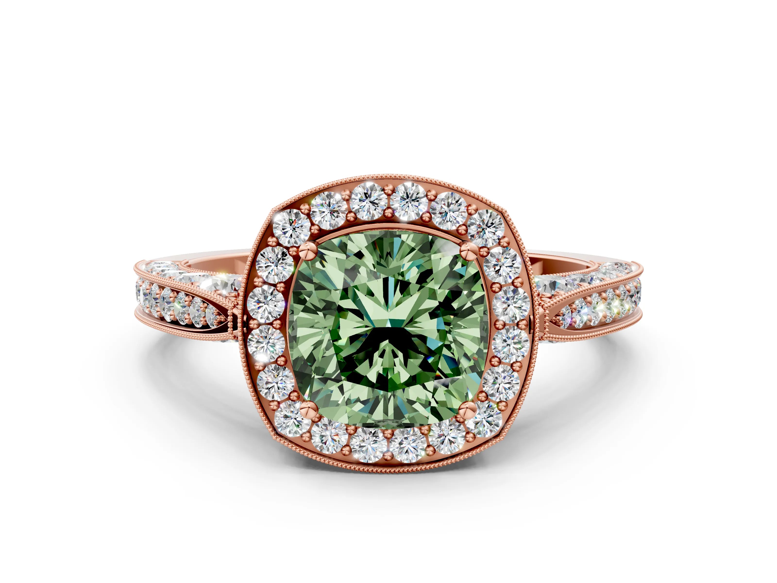 Rose gold Fancy Green Cushion Cut Halo Diamond Engagement Ring with Split Shank Band and Four-Prong Setting