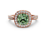 Rose gold Fancy Green Cushion Cut Halo Diamond Engagement Ring with Split Shank Band and Four-Prong Setting