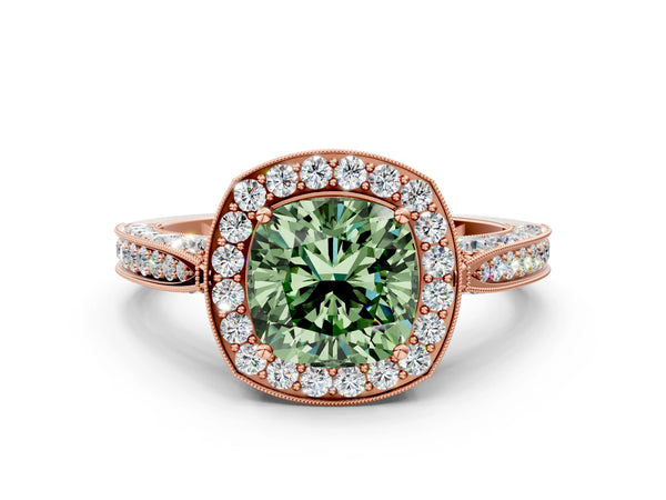 Rose gold Fancy Green Cushion Cut Halo Diamond Engagement Ring with Split Shank Band and Four-Prong Setting
