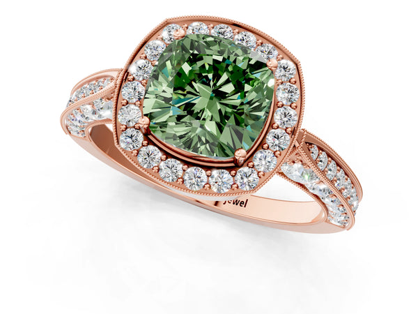 Rose gold Fancy Green Cushion Cut Halo Diamond Engagement Ring with Split Shank Band and Four-Prong Setting