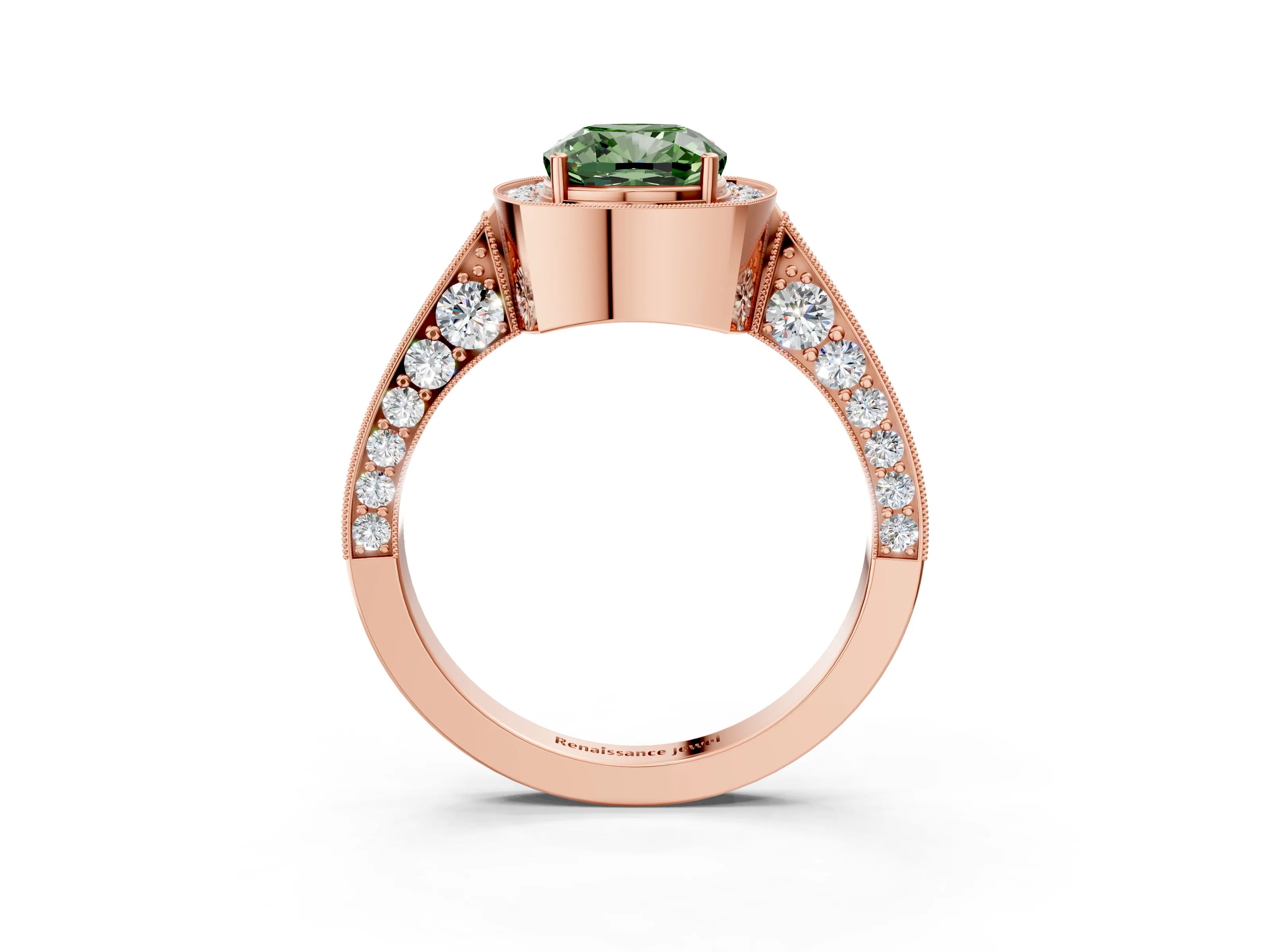 Rose gold Fancy Green Cushion Cut Halo Diamond Engagement Ring with Split Shank Band and Four-Prong Setting_3