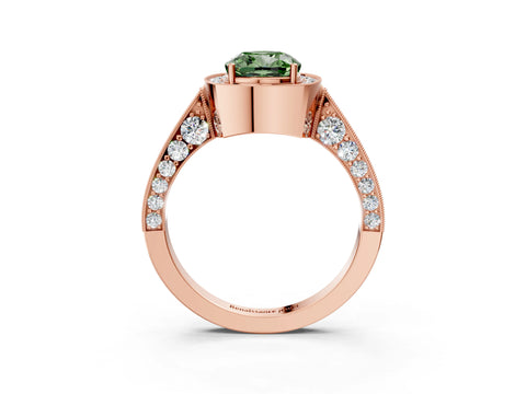 Rose gold Fancy Green Cushion Cut Halo Diamond Engagement Ring with Split Shank Band and Four-Prong Setting_3