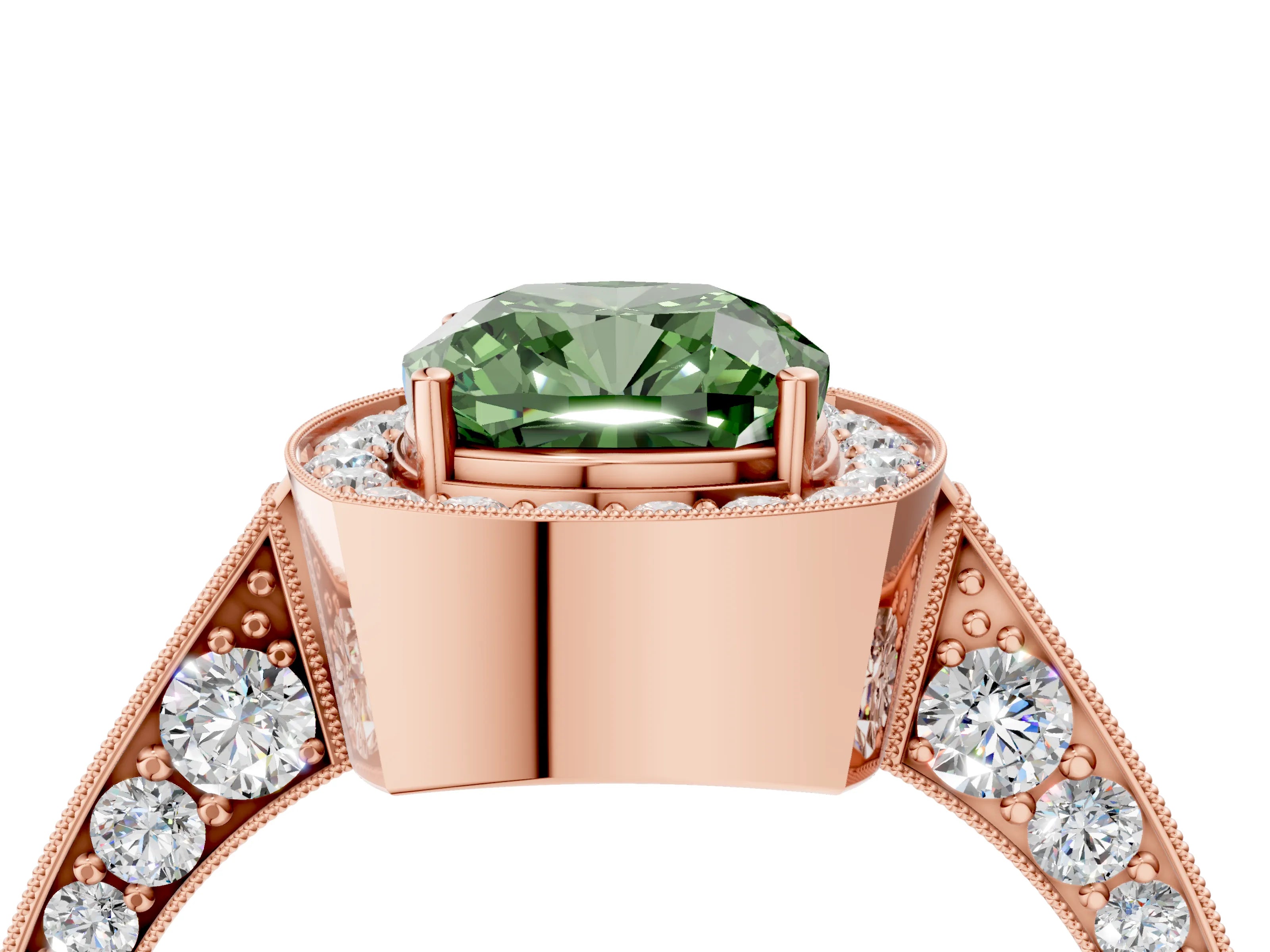 Rose gold Fancy Green Cushion Cut Halo Diamond Engagement Ring with Split Shank Band and Four-Prong Setting_4