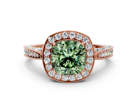 Rose gold Fancy Green Cushion Cut Halo Diamond Engagement Ring with Split Shank Band and Four-Prong Setting