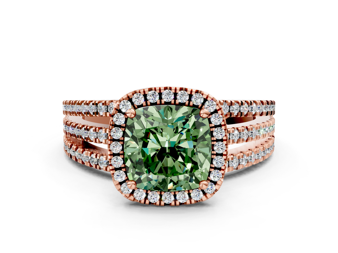 Rose gold Fancy Green Cushion  Cut Halo Diamond Engagement Ring with Split Shank and Four-Prong Setting_20