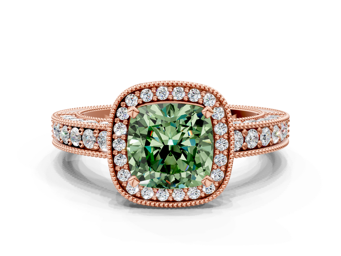 Rose gold Fancy Green Cushion  Cut Halo Diamond Pave Band Ring with Four-Prong Setting_44
