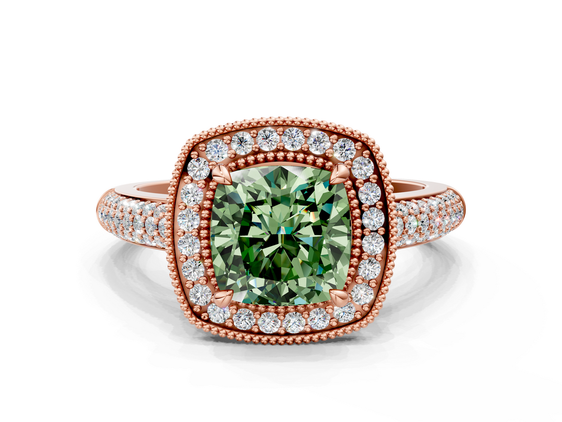 Rose gold Fancy Green Cushion  Cut Halo Diamond Pave Band with Four-Prong Setting_37