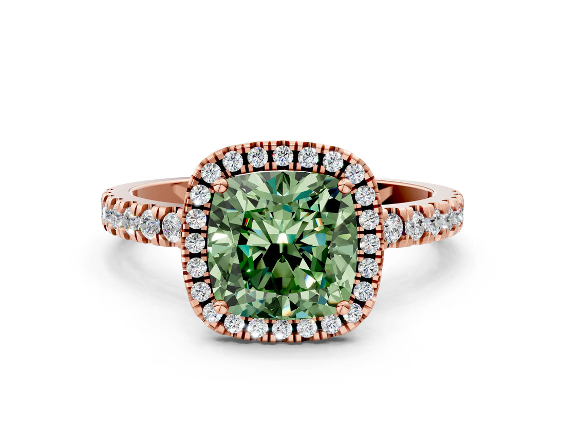 Rose gold Fancy Green Cushion Cut Halo Diamond Pave Band with Prong Setting_12
