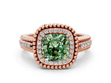 Rose gold Fancy Green Cushion Cut Halo Diamond Ring with Beaded Split Shank and Four-Prong Setting