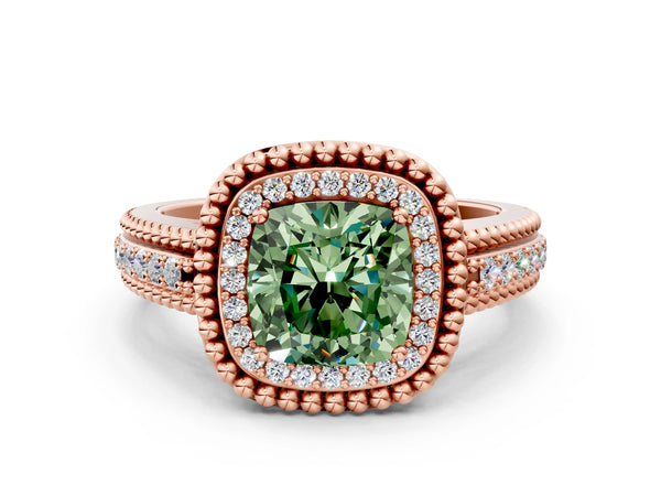 Rose Gold Cushion Cut Beaded Halo Engagement Ring Setting for Fancy Green Center with Pave