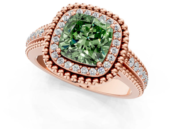 Rose Gold Cushion Cut Beaded Halo Engagement Ring Setting for Fancy Green Center with Pave