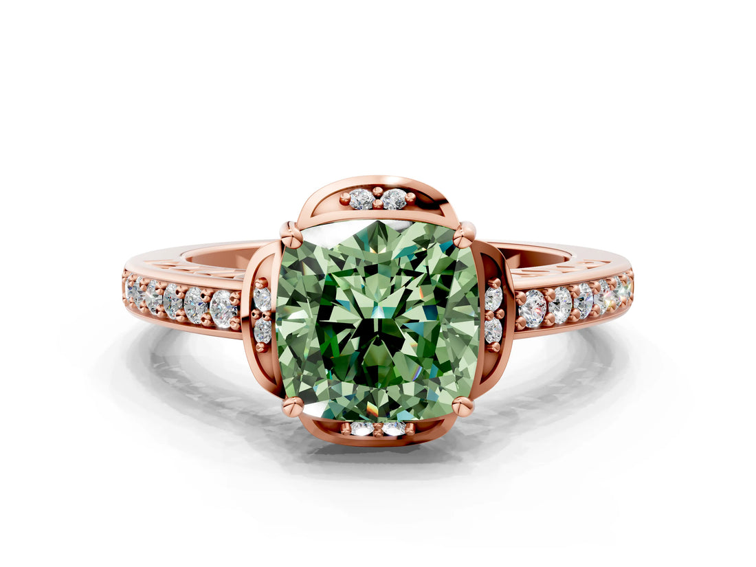 Rose gold Fancy Green Cushion  Cut Halo Diamond Ring with Channel Set Band and Four-Prong Setting_32
