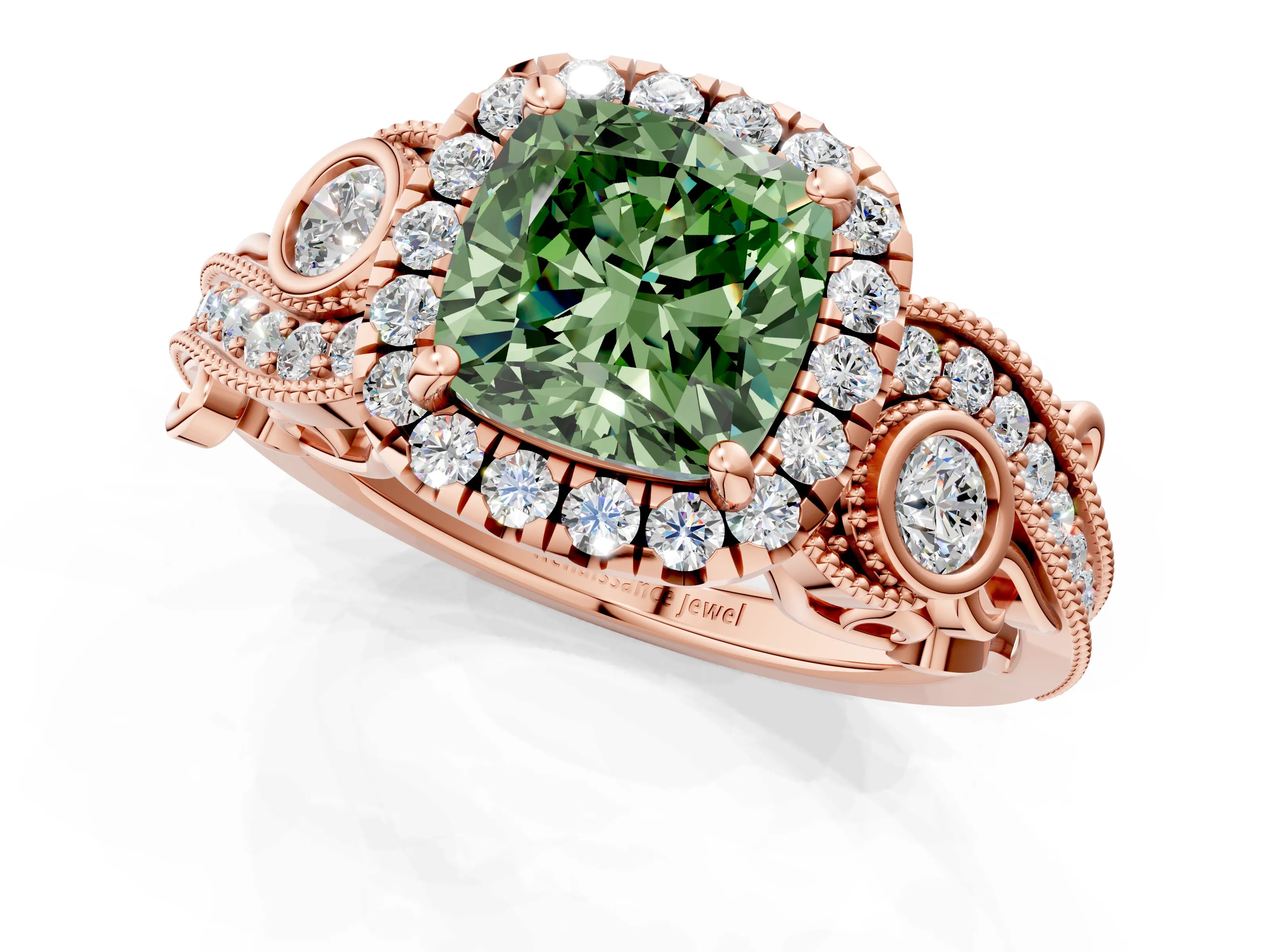 Rose gold Fancy Green Cushion Cut Halo Diamond Ring with Milgrain and Bezel Accents on a Split Shank Band_1