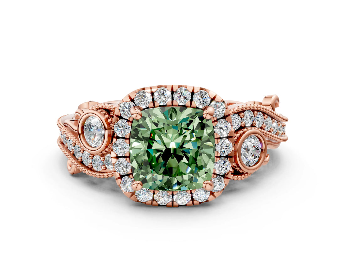 Rose gold Fancy Green Cushion Cut Halo Diamond Ring with Milgrain and Bezel Accents on a Split Shank Band_12