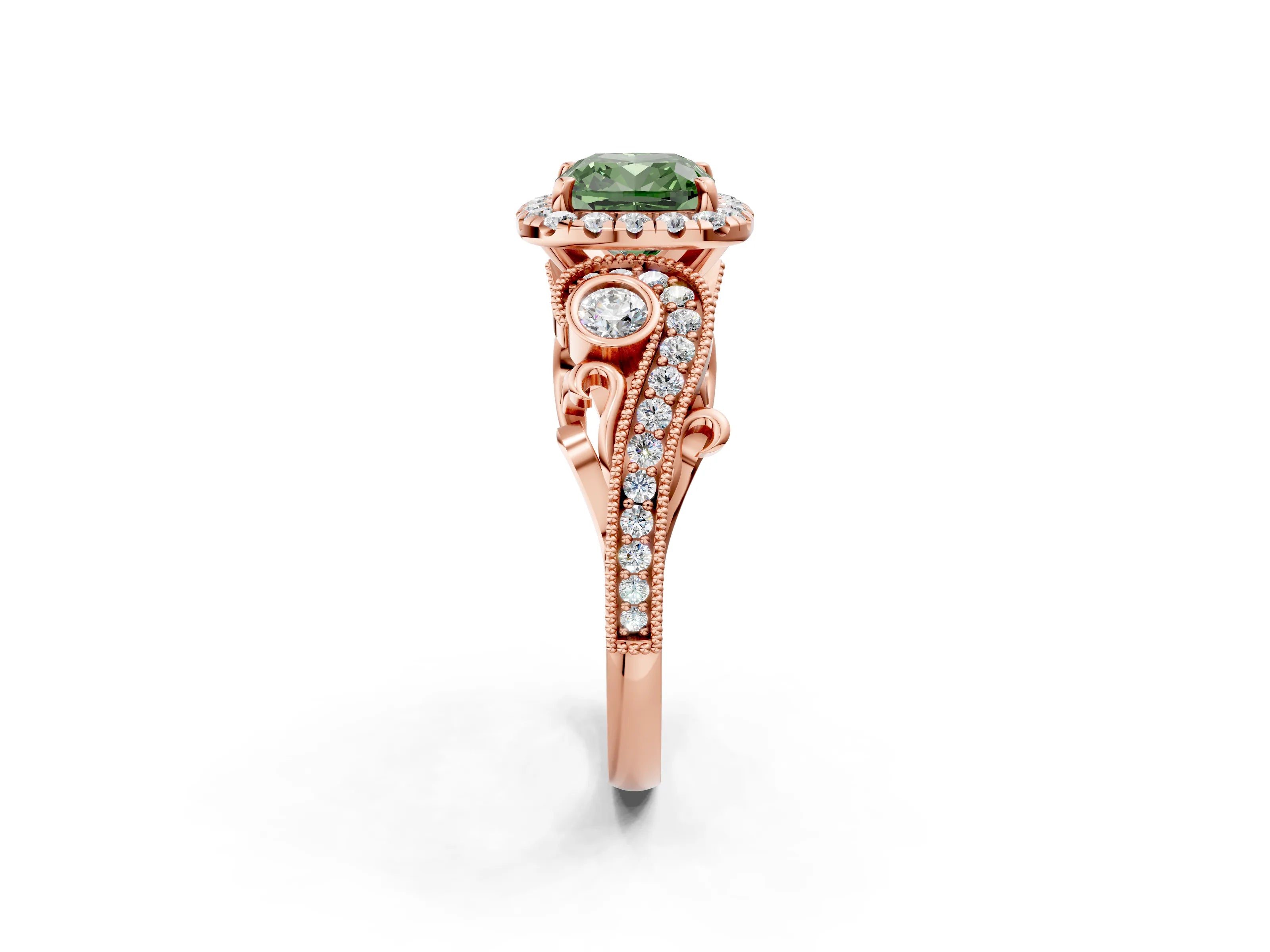 Rose gold Fancy Green Cushion Cut Halo Diamond Ring with Milgrain and Bezel Accents on a Split Shank Band_2