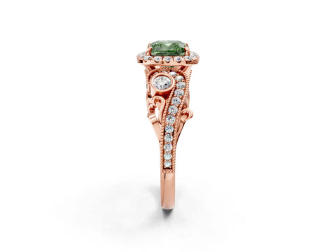 Rose gold Fancy Green Cushion Cut Halo Diamond Ring with Milgrain and Bezel Accents on a Split Shank Band_2
