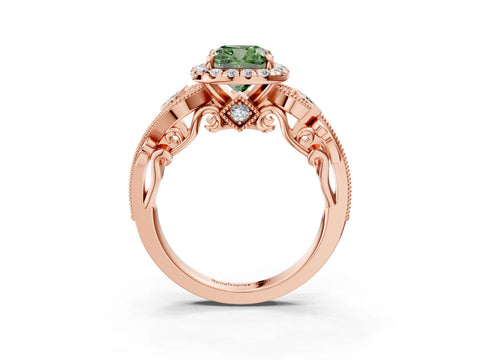 Rose gold Fancy Green Cushion Cut Halo Diamond Ring with Milgrain and Bezel Accents on a Split Shank Band_3