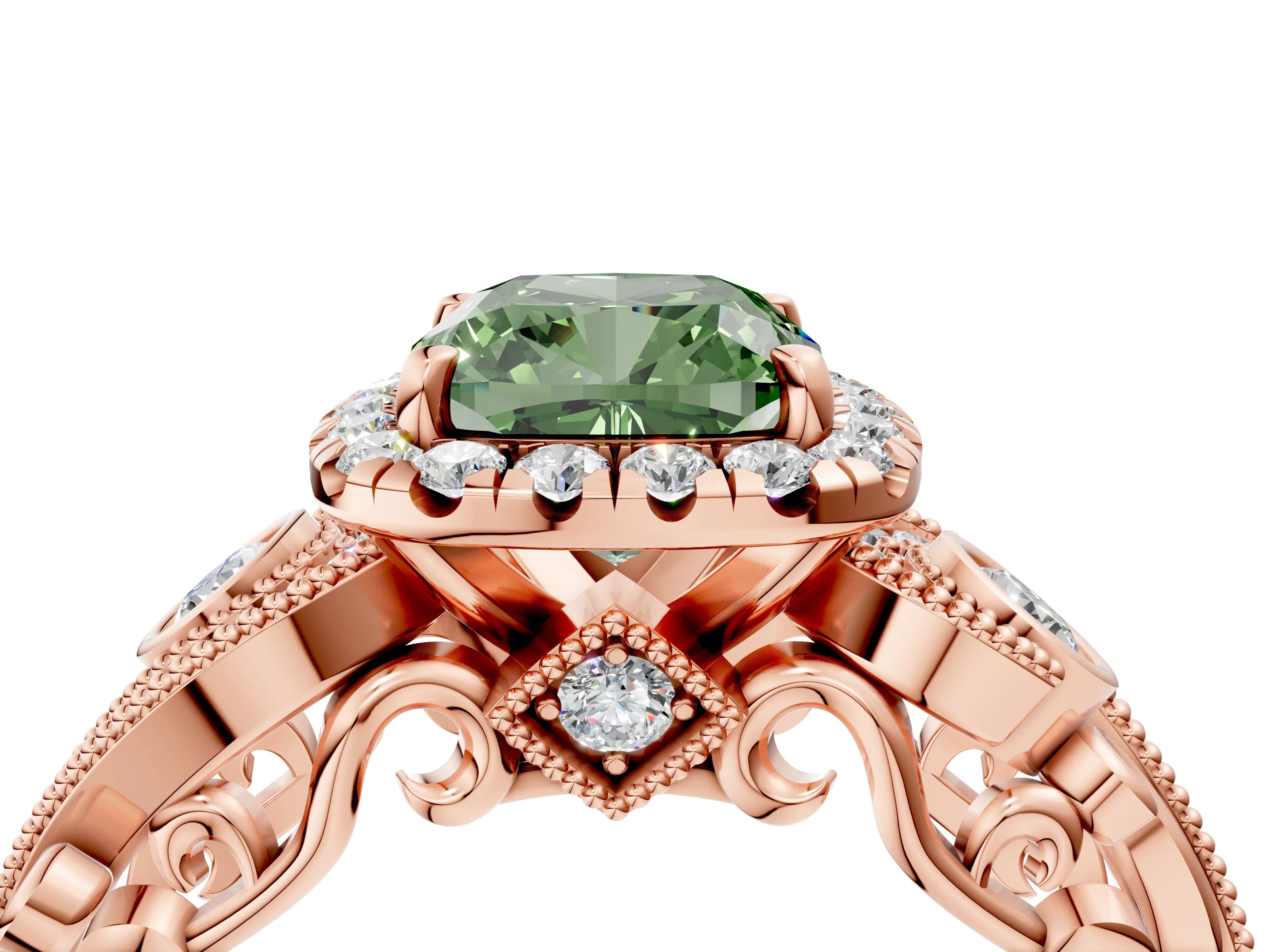 Rose gold Fancy Green Cushion Cut Halo Diamond Ring with Milgrain and Bezel Accents on a Split Shank Band_4