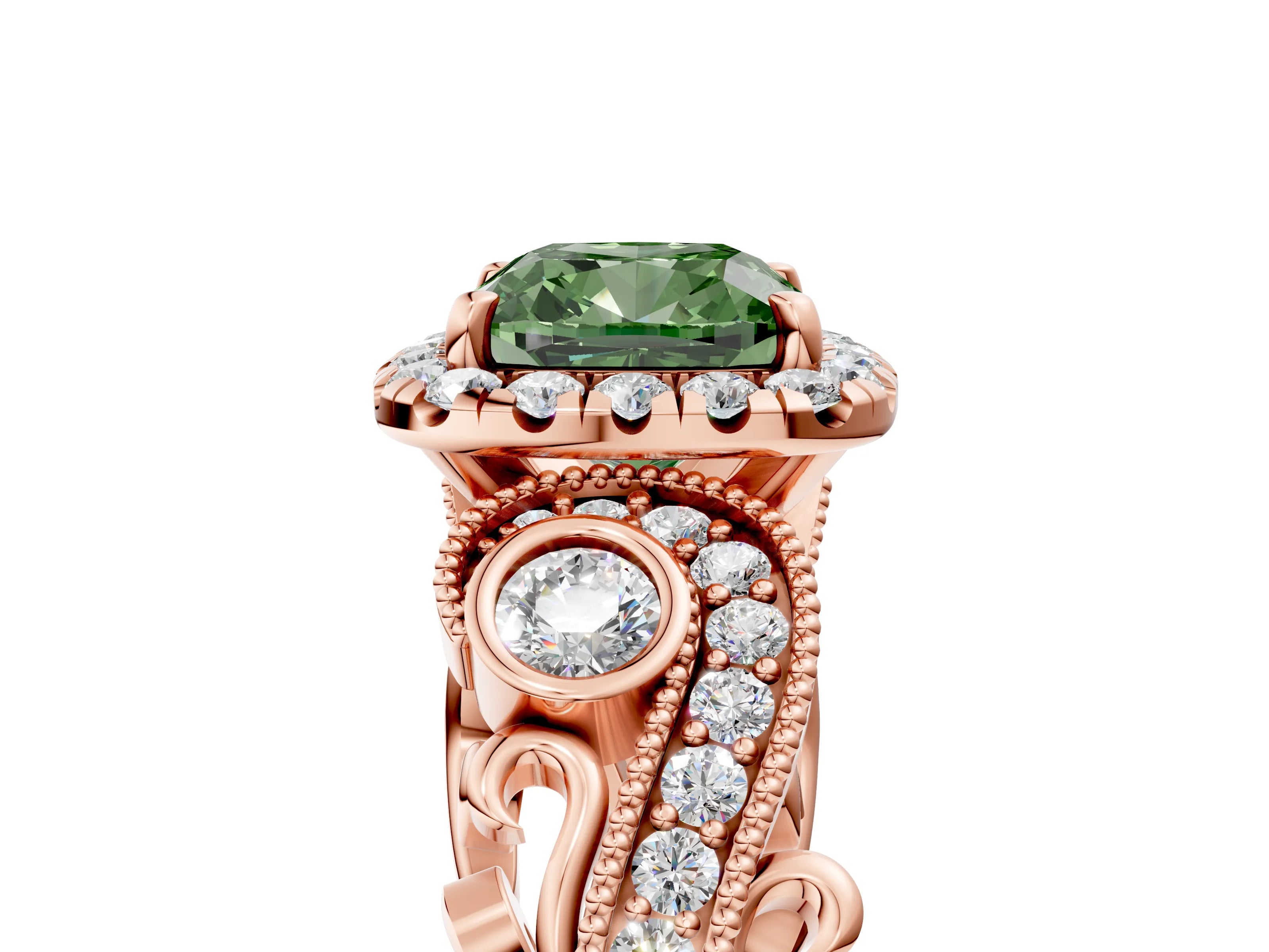 Rose gold Fancy Green Cushion Cut Halo Diamond Ring with Milgrain and Bezel Accents on a Split Shank Band_5
