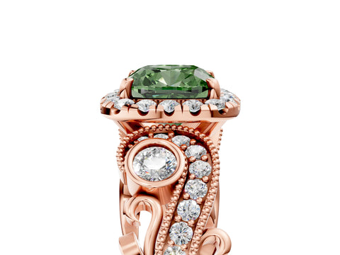 Rose gold Fancy Green Cushion Cut Halo Diamond Ring with Milgrain and Bezel Accents on a Split Shank Band_5