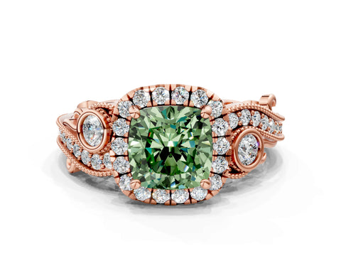 Rose gold Fancy Green Cushion Cut Halo Diamond Ring with Milgrain and Bezel Accents on a Split Shank Band