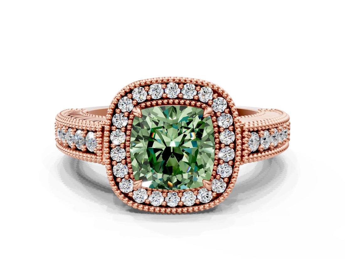 Rose gold Fancy Green Cushion  Cut Halo Diamond Ring with Pavé Band and Four-Prong Setting_69