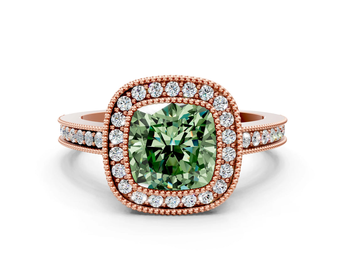 Rose gold Fancy Green Cushion  Cut Halo Diamond Ring with Pavé Band and Milgrain Prong Setting_33