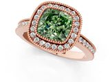 Rose gold Fancy Green Cushion  Cut Halo Diamond Ring with Pavé Band and Milgrain Prong Setting_34
