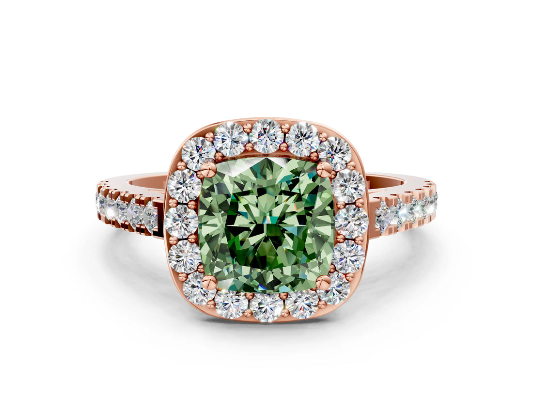 Rose gold Fancy Green Cushion Cut Halo Diamond Ring with Pavé Band and Three-Prong Setting