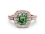 Rose gold Fancy Green Cushion Cut Halo Diamond Ring with Pavé Band and Three-Prong Setting
