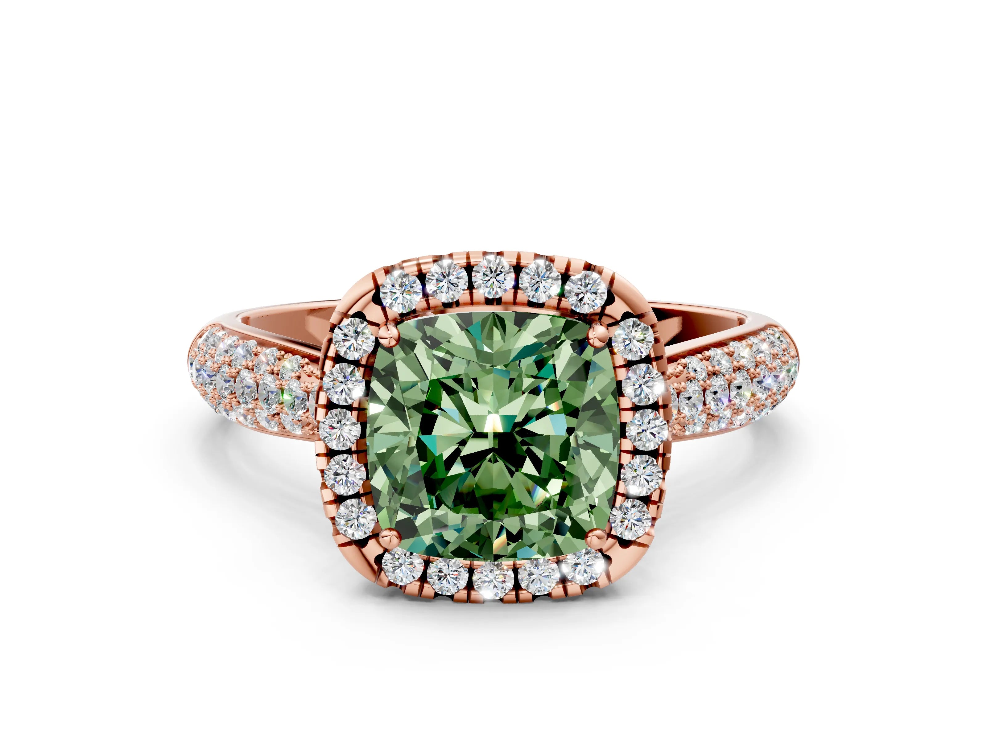 Rose gold Fancy Green Cushion Cut Halo Diamond Ring with Pavé Band