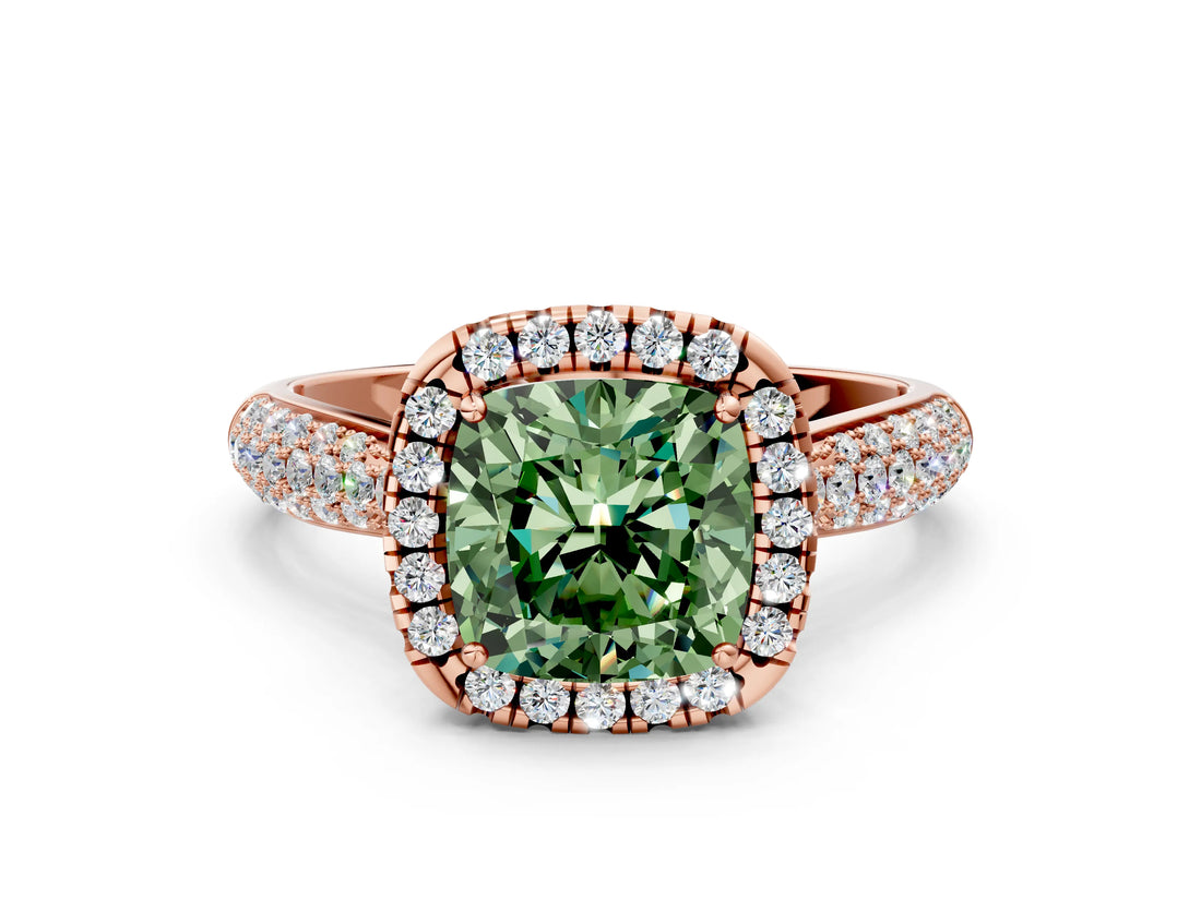 Rose gold Fancy Green Cushion Cut Halo Diamond Ring with Pavé Band
