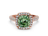 Rose gold Fancy Green Cushion Cut Halo Diamond Ring with Pavé Band