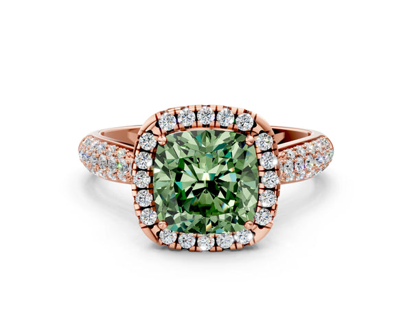 Rose gold Fancy Green Cushion Cut Halo Diamond Ring with Pavé Band