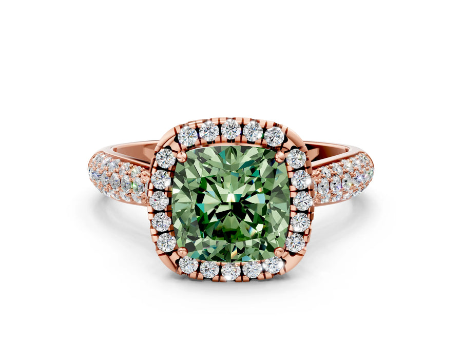 Rose gold Fancy Green Cushion Cut Halo Diamond Ring with Pavé Band