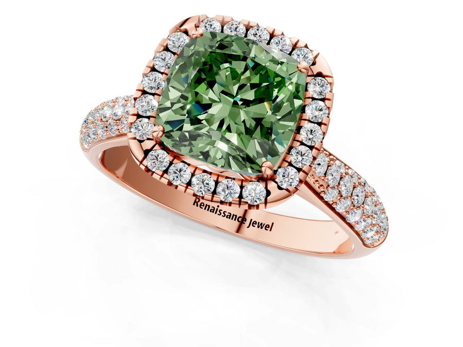 Rose gold Fancy Green Cushion Cut Halo Diamond Ring with Pavé Band